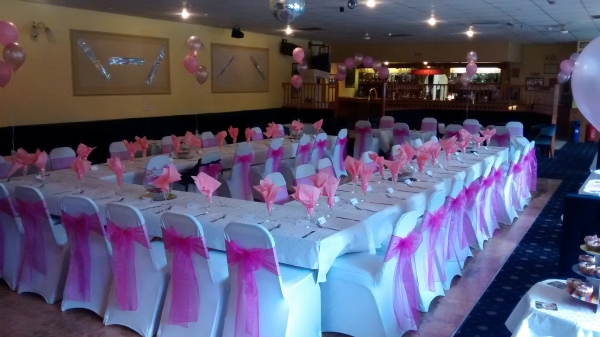 Function hall dressed for sit down wedding reception / meal. (All table dressings and decorations available to hire seperately from Berkshire Wedding Hire).